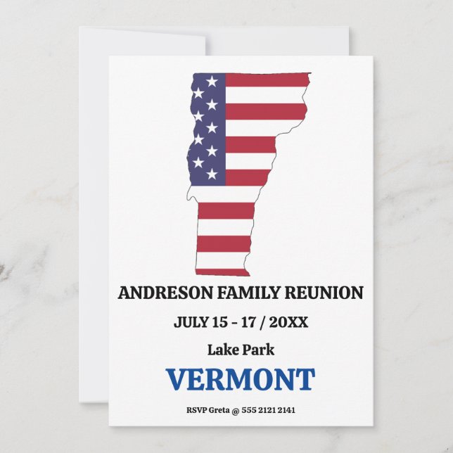 Familjesammankomst 🎉 VERMONT Statskarta USA Flagg Inbjudningar (Framsida)