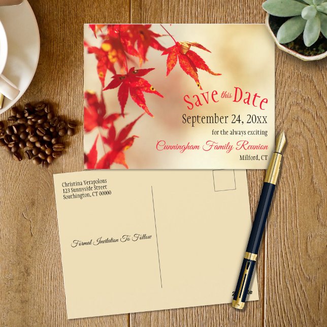Familjesammanträff Spara Datum Höst Röda Löv Bokeh Vykort (Save The Date red leaves image template postcard)