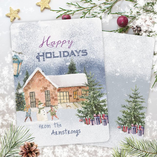 Familjescenen Watercolor jul Snögubbe Julkort (Watercolor Christmas Snowman Family Scene Holiday Card ©Susanne Sachers - Sunny Mind 🌞)