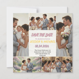 FamiljeTrio Bröllopsfoto Collage Spara Datumet Magnetisk Inbjudningskort