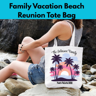 Familjevacation Reunion Beach Cute Handflatan Träd Tygkasse