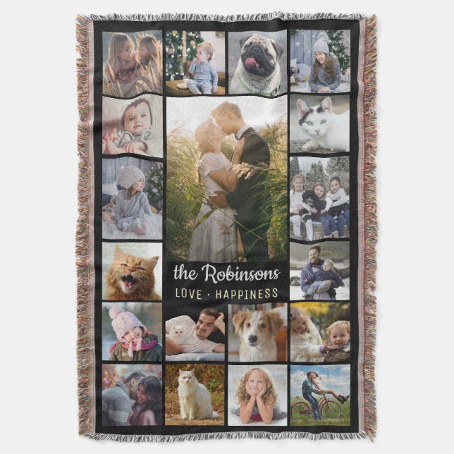 FamiljfotoCollage 15 bilder + Känt svart lätt Filt (Framsidan Vertikal)