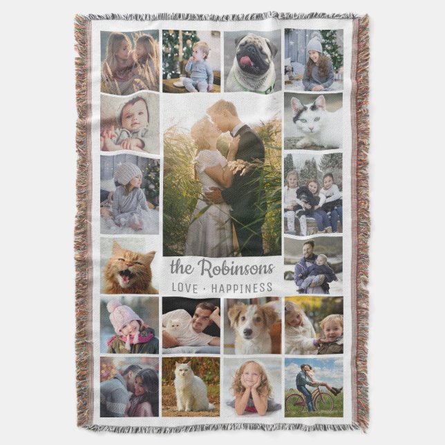 FamiljfotoCollage 19 bilder + Känd grå vit Filt (Framsidan Vertikal)