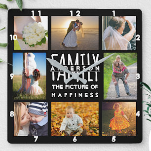 FamiljfotoCollage 8 bilder namnger svart Fyrkantig Klocka