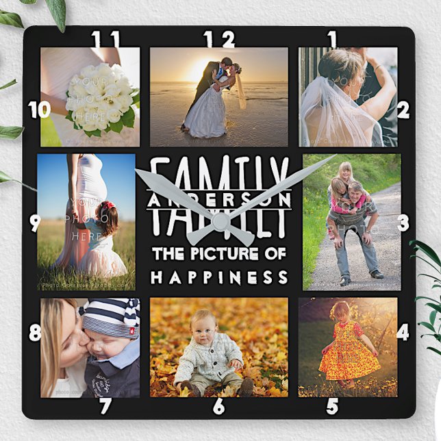 FamiljfotoCollage 8 bilder namnger svart Fyrkantig Klocka (Skapare uppladdad)