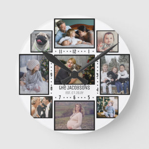 FamiljfotoCollage 9 beställnings- bilder tillfoga Rund Klocka
