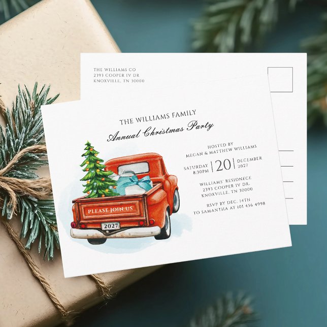 Familjjul Party Red Lastbil Inbjudan Vykort (Christmas Party Invitation Rustic Red Truck Postcard)