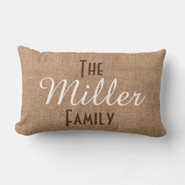 Familjmonogramen med lantlig Burlap verkställer Lumbarkudde (Framsida)