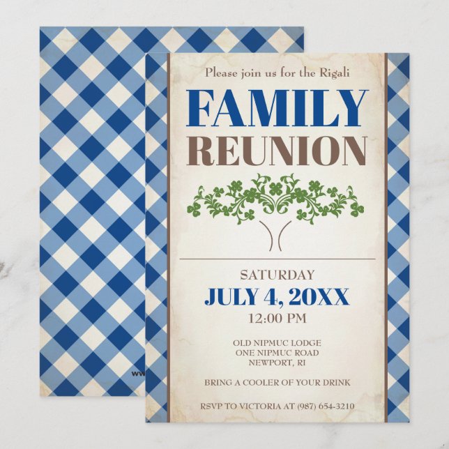 Familjmöteinbjudan, träd, familjpicknick inbjudningar (Fram/baksida)