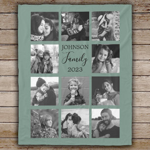 Family 11 Photo Collage Dusty Grönt Fleece Blanket