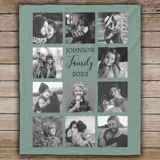 Family 11 Photo Collage Dusty Grönt Fleece Blanket (Skapare uppladdad)