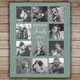 Family 11 Photo Collage Dusty Grönt Fleece Blanket