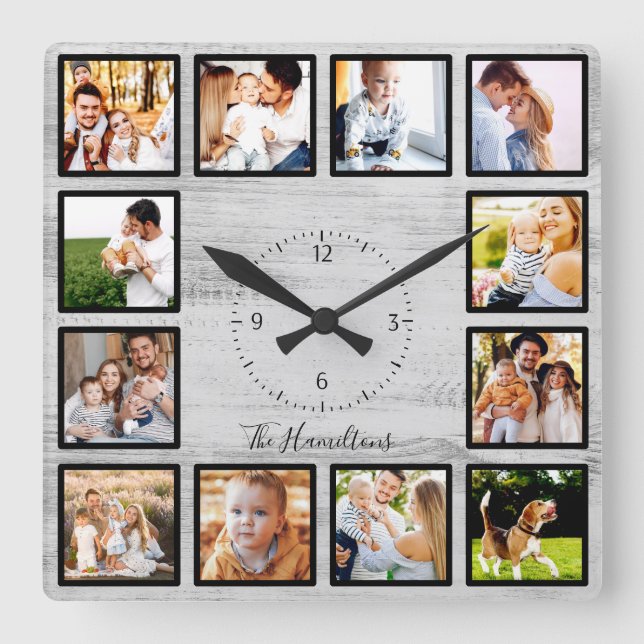 Family 12 Photos Collage Farmhouse Rustic Wood Fyrkantig Klocka (Framsida)