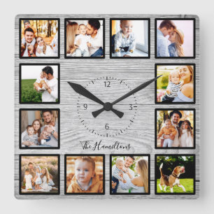 Family 12 Photos Collage Farmhouse Rustic Wood Fyrkantig Klocka