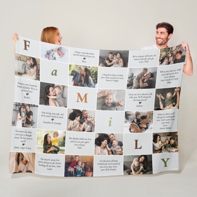 Family 18-Photo Collage och 12 personliga meddelan Fleecefilt (På plats)