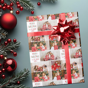 Family 5 Photo Collage Red Grönt God jul Presentpapper