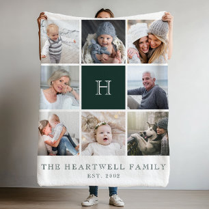 Family 8 Photo Collage Monogram Forest Grönt Fleecefilt