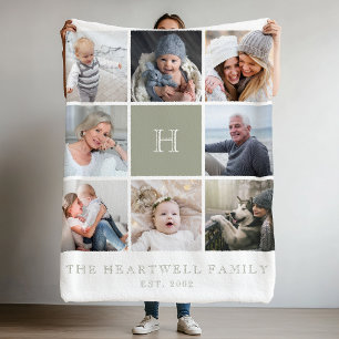 Family 8 Photo Collage Monogram Sage Grönt Fleecefilt