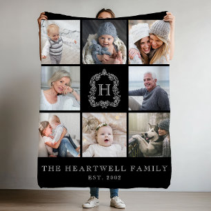 Family 8 Photo Collage Monogram Vapensköld Black W Fleecefilt