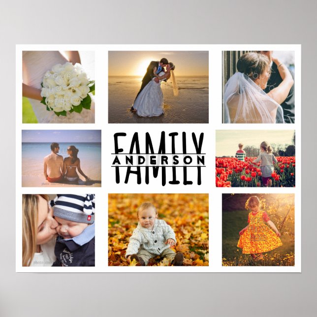 Family 8 Photo Collage Template Plus Add Namn V1 Poster (Framsidan)