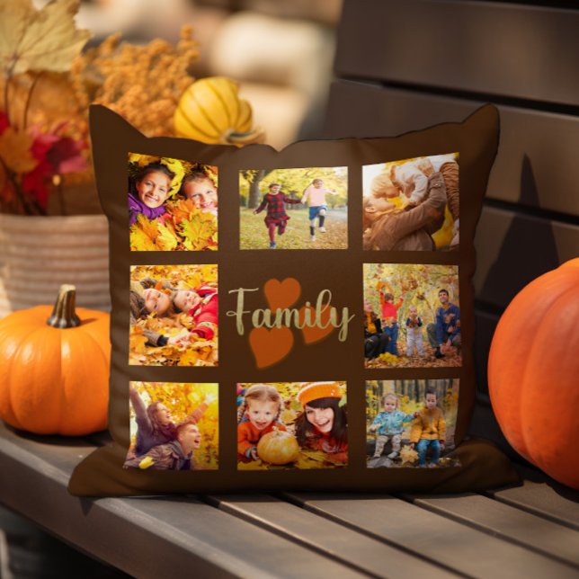 Family 8 Photo Fall Autumn Brown Guld Hearts Kudde (8-photo "Family Hearts" warm autumn brown decorator pillow)