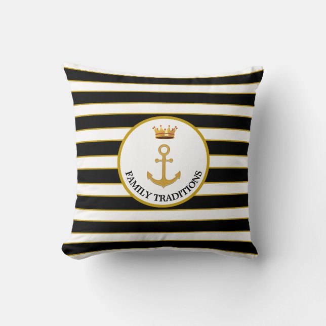Family Anchor & Krona på Black & White Stripe Kudde (Framsida)