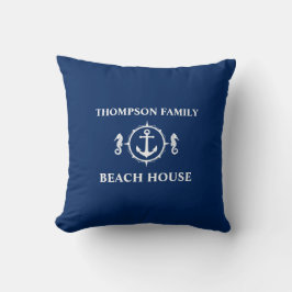 Family Beach House Seahorse Anchor Navy Blue White Kudde
