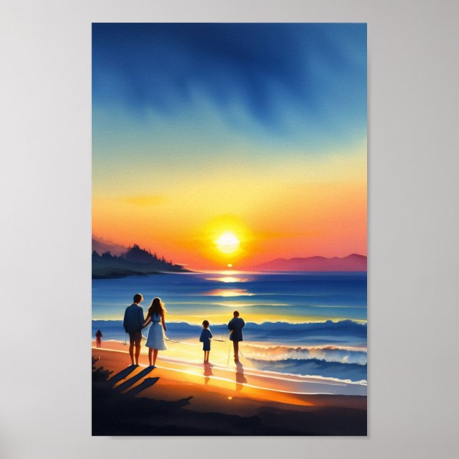 Family Beach Sunset Watercolor Poster (Framsidan)
