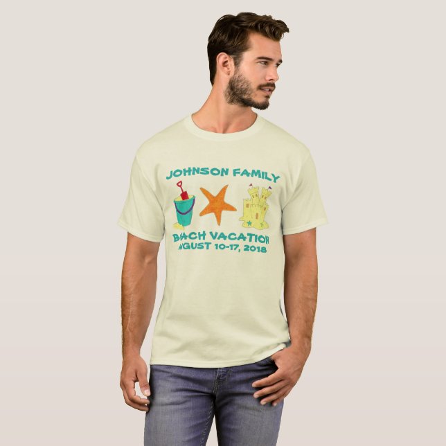 Family Beach Vacation Starfish Sandcastle Bucket T Shirt (Hel framsida)
