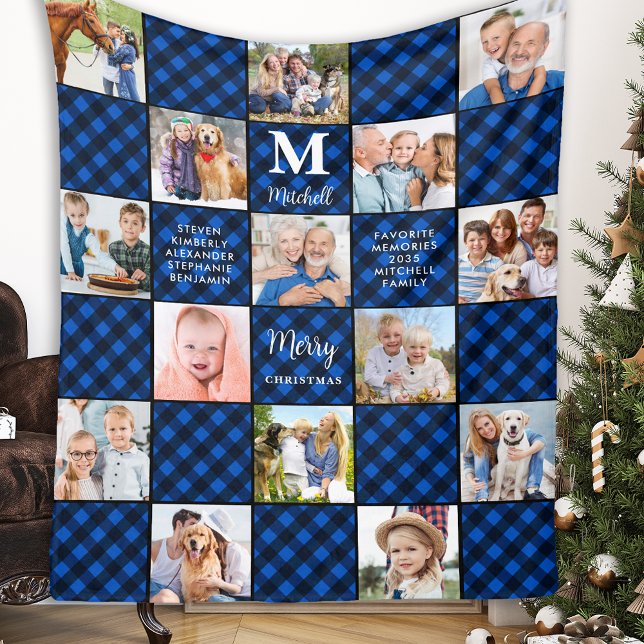 Family Blue Plaid Patchwork Customized 15 Picture Fleecefilt (Skapare uppladdad)