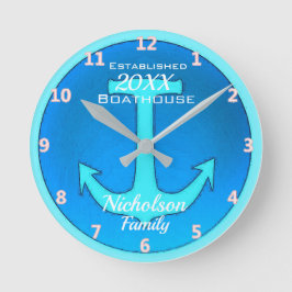 Family Boathouse stor Personlig i Blue Rund Klocka