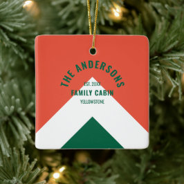 Family Cabin Personlig Namn Red Grönt Retro Julgransprydnad Keramik