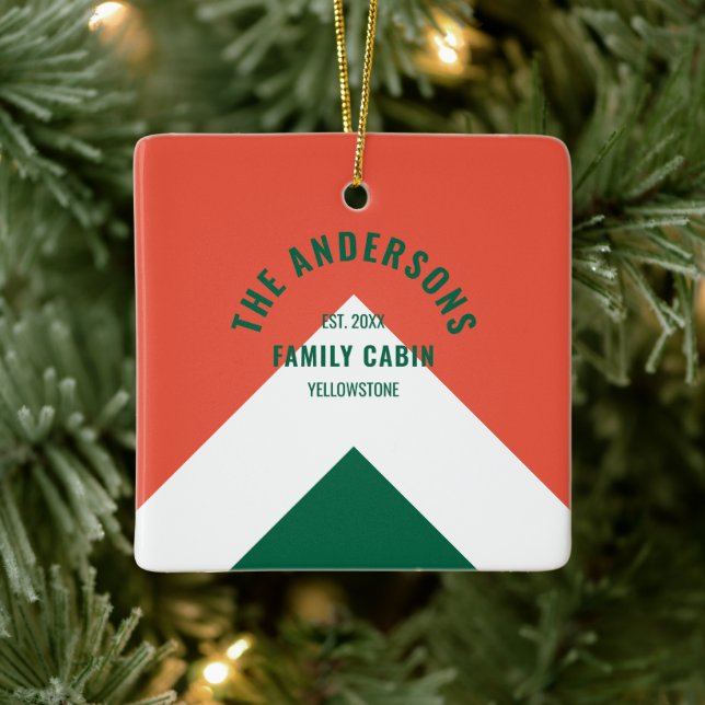 Family Cabin Personlig Namn Red Grönt Retro Julgransprydnad Keramik (Träd)