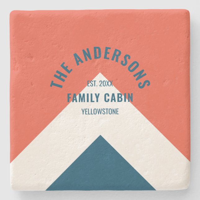 Family Cabin Personlig Namn Red Navy Retro Stenunderlägg (Framsidan)