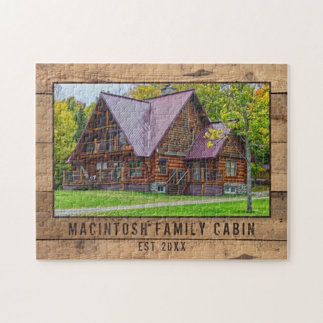 Family Cabin Photo Rustic Wood Forest Träd Pussel (Horisontell)