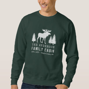Family Cabin Rustic Moose Gräs Träd Silhouette Lång Ärmad Tröja