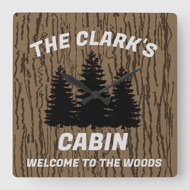 FAMILY CABIN RUSTIC WOOD ANPASSNINGSBAR WALL CLOCK FYRKANTIG KLOCKA (Framsida)