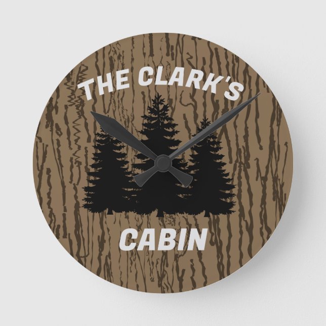 FAMILY CABIN RUSTIC WOOD CUSTOM WALL CLOCK RUND KLOCKA (Framsida)
