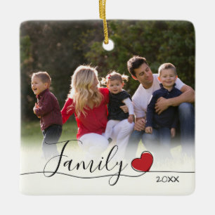 Family Calligraphy Red Heart Photo jul Julgransprydnad Keramik