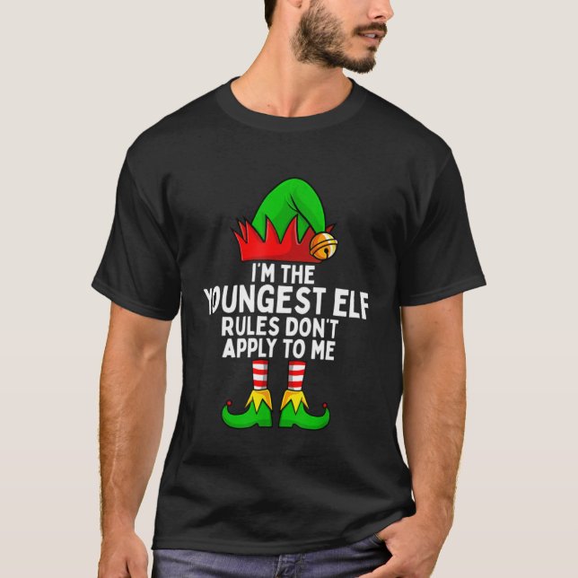 Family Christmas  Boys Girls  Youngest Elf T Shirt (Framsida)