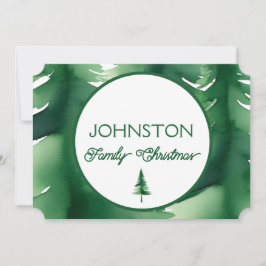 Family Christmas Green Watercolor Pine Tree Invite Julkort