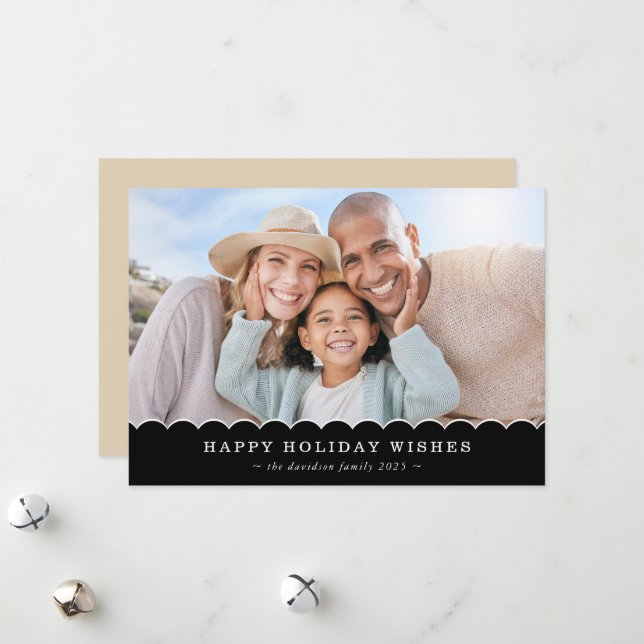 FAMILY CHRISTMAS PHOTO cute fun scallop black gold Julkort (Fram/Back In Situ)