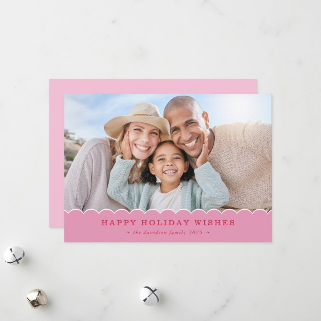 FAMILY CHRISTMAS PHOTO cute fun scallop pink red Julkort (Fram/Back In Situ)