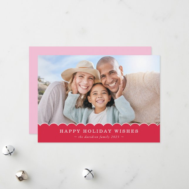 FAMILY CHRISTMAS PHOTO cute fun scallop red pink Julkort (Fram/Back In Situ)