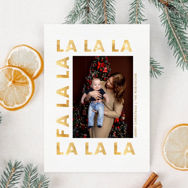 Family Christmas Photo Fa la la Gold White Script Julkort (Skapare uppladdad)