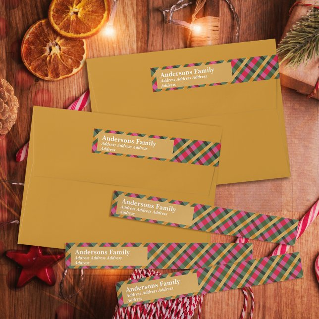 Family Christmas Plaid Gold Etikettband (Skapare uppladdad)