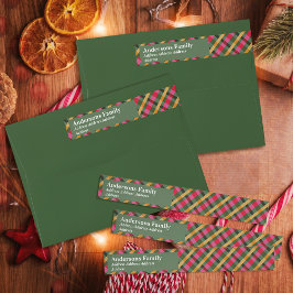 Family Christmas Plaid Green Etikettband
