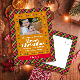 Family Christmas Plaid Photo Gold Holiday Postcard Helg Vykort