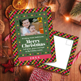 Family Christmas Plaid Photo Holiday Postcard Helg Vykort