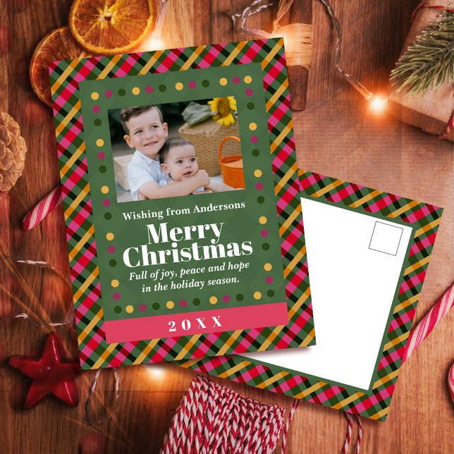 Family Christmas Plaid Photo Holiday Postcard Helg Vykort (Skapare uppladdad)